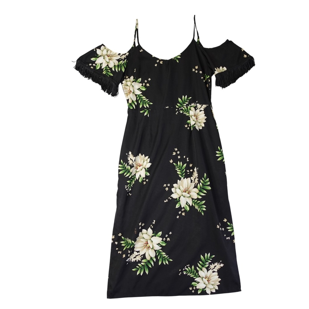 Vacation Dress Womens M Black Floral Off‎ Shoulder Fringe Midi Tropical Resort